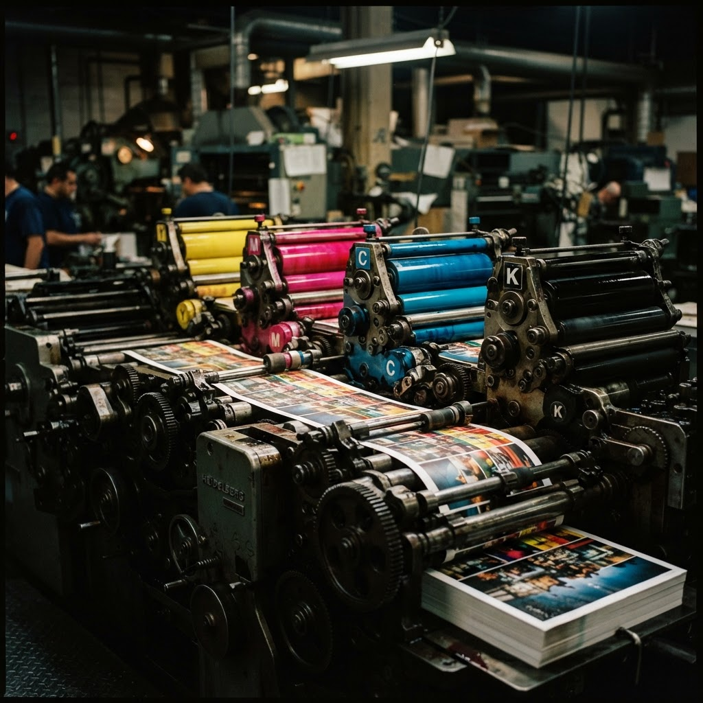 Commercial offset printing press running CMYK inks